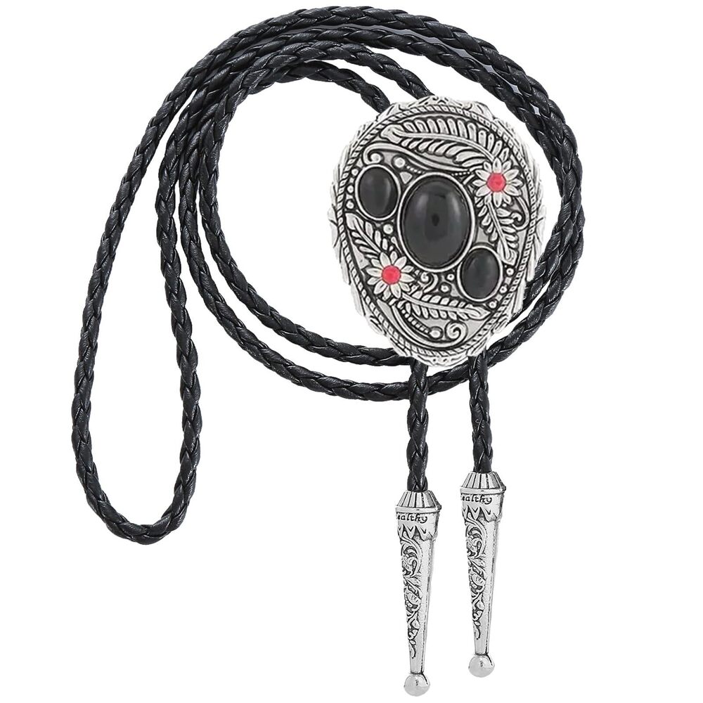 2573 Bolo Tie , Black Stone Western Cowboy Tie, Silver Bolos Leather